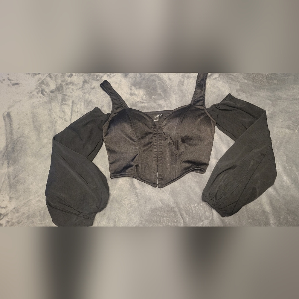 Black Cropped Corset with Mesh Lantern Sleeves